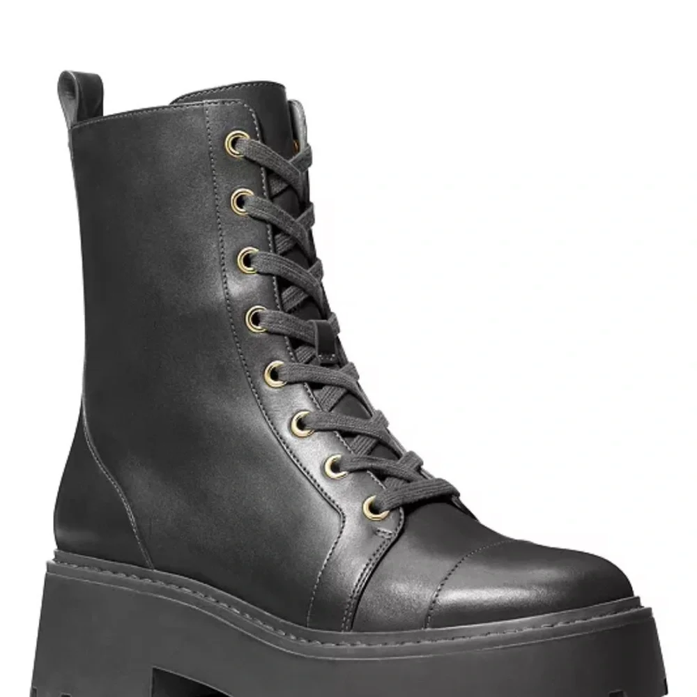 Michael Kors Black Leather  Combat Boots with Gold Accents - Picture 3 of 9